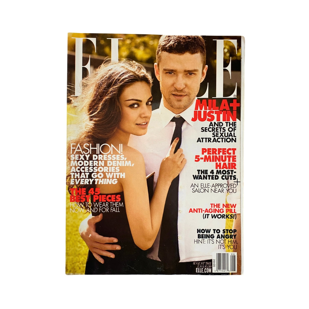 Cover of Elle Magazine August 2011 featuring Mila Kunis and Justin Timberlake, showcasing fashion trends and celebrity culture from the early 2010s. The magazine highlights topics like sexual attraction and beauty tips.