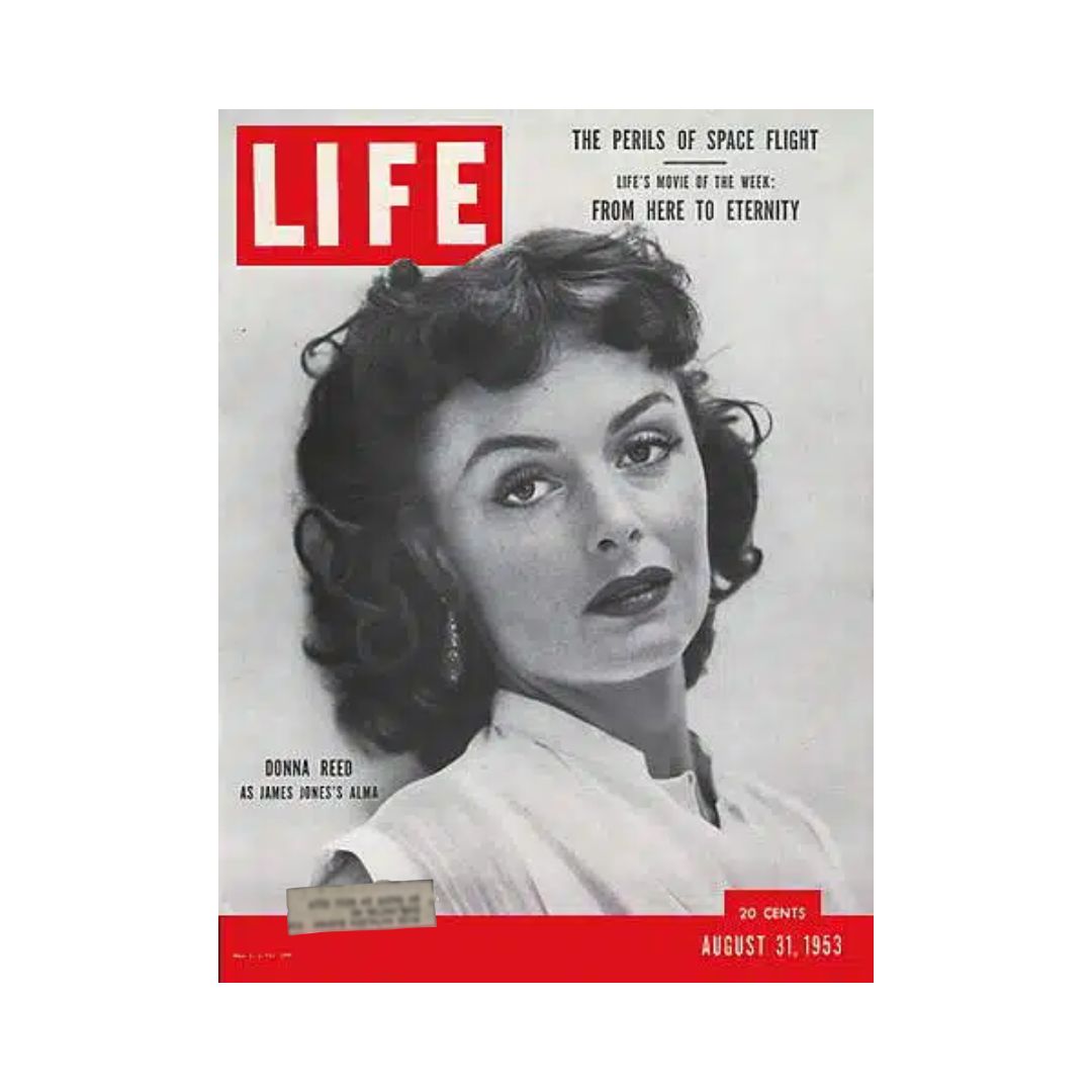 VTG Life Magazine cover from August 31, 1953 featuring Donna Reed, an iconic American actress, showcasing a captivating portrait on the front.