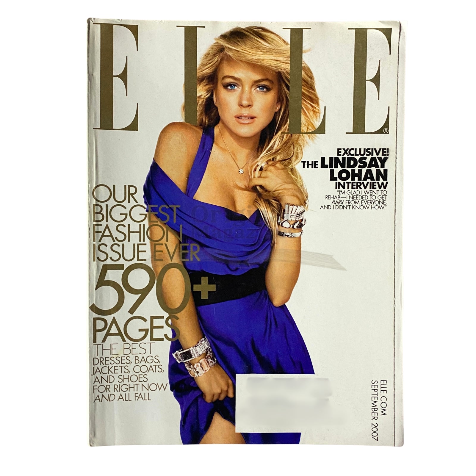 Elle Magazine September 2007 cover featuring Lindsay Lohan, highlighting the fashion issue with a blue dress and showcasing exclusive interview details.