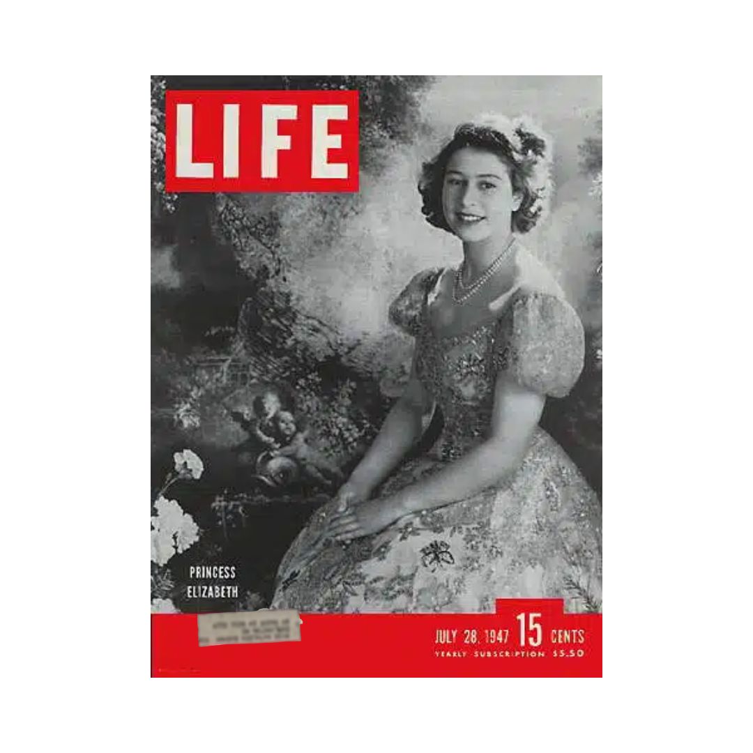 VTG Life Magazine cover from July 28, 1947 featuring Princess Elizabeth, showcasing her beauty and style as a young royal.