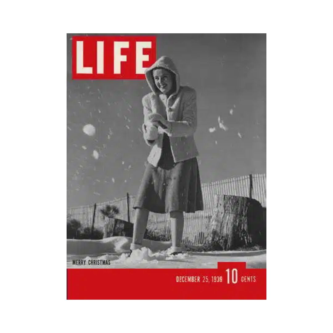 VTG Life Magazine December 25, 1939 featuring a woman in winter attire enjoying snow, showcasing vintage skating fashion and a Merry Christmas theme.