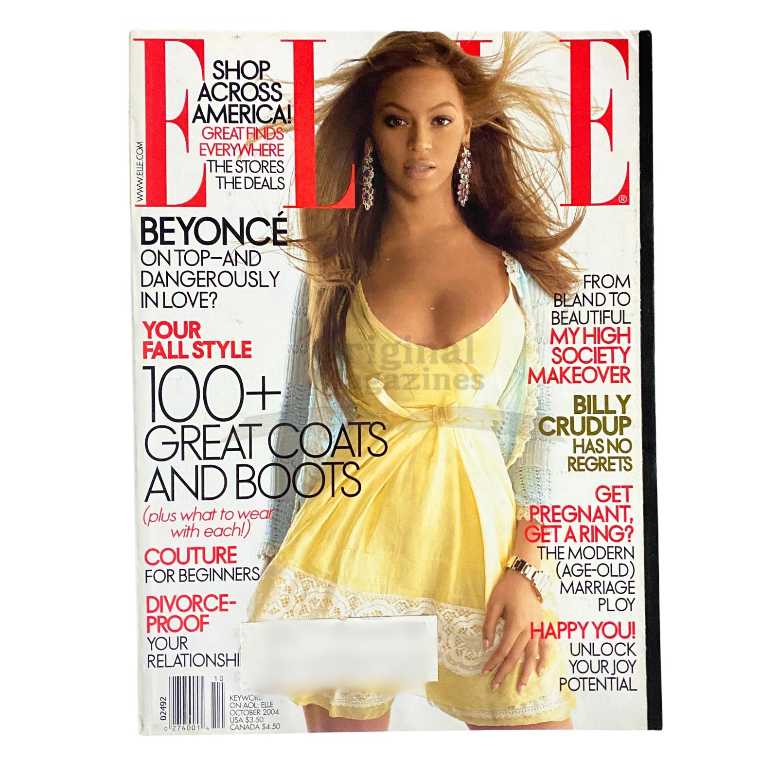 October 2004 Elle Magazine cover featuring Beyoncé Knowles in a stylish yellow dress, symbolizing her rise in pop culture.