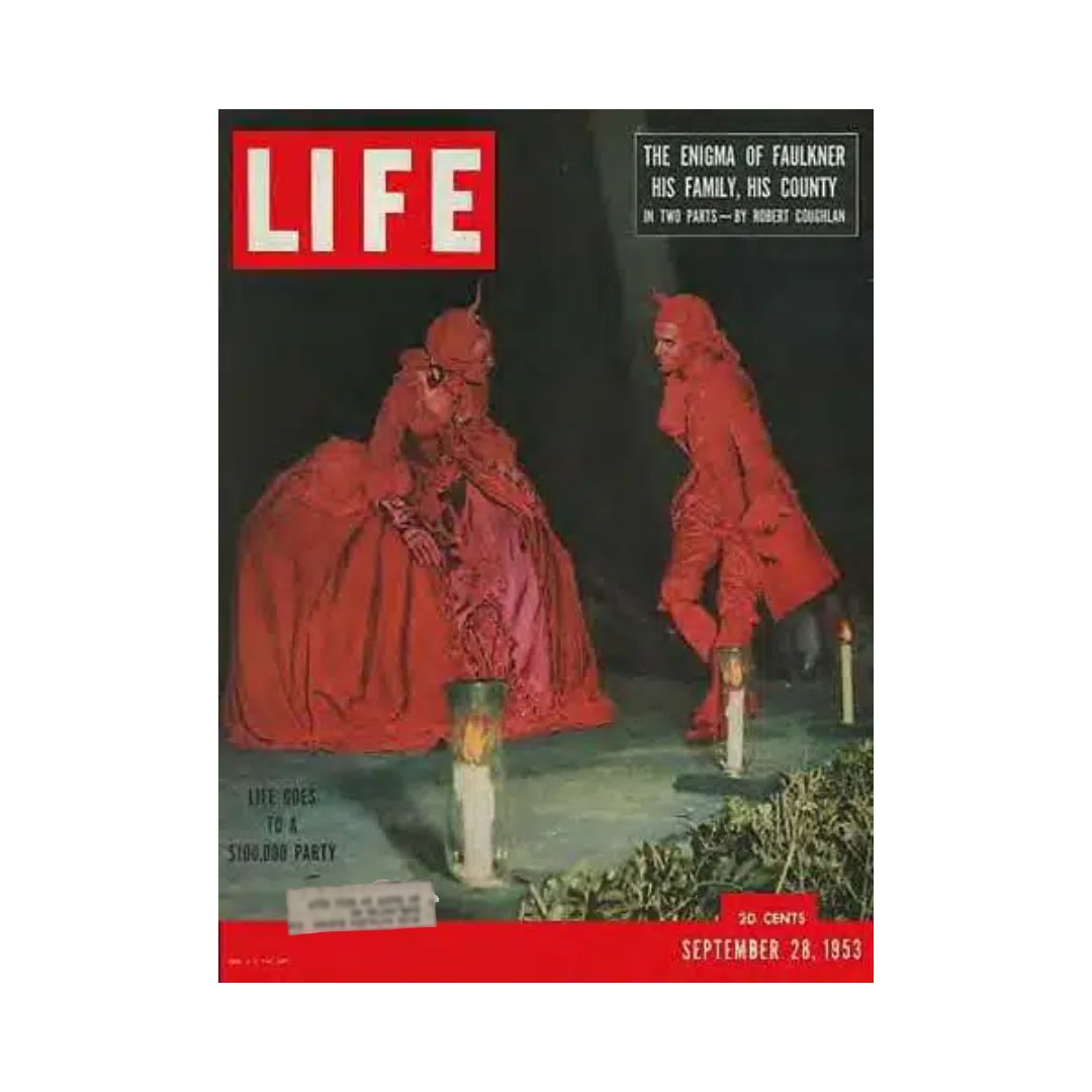Cover of VTG Life Magazine from September 28, 1953, featuring a dramatic scene with figures in red costumes at the De Cuevas Ball, highlighting mid-20th century elegance.