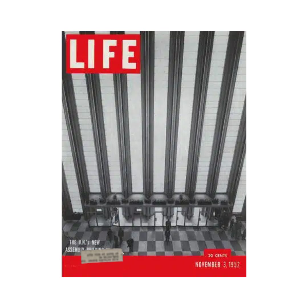 Vintage Life Magazine Cover from November 3, 1952 featuring the United Nations New Assembly Building with a prominent red title.