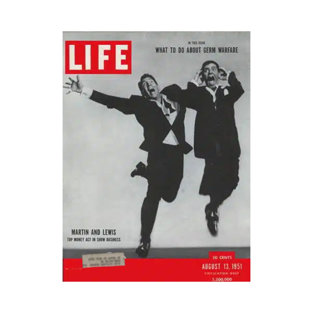 Cover of VTG Life Magazine from August 13, 1951 featuring Dean Martin and Jerry Lewis, showcasing their comedic partnership in a vintage black and white design.