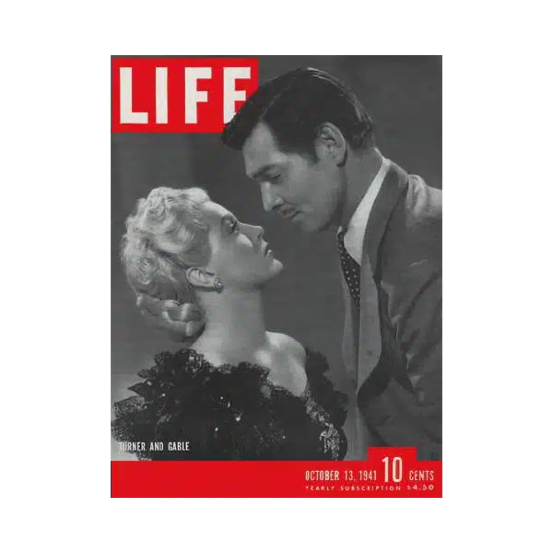 Cover of VTG Life Magazine from October 13, 1941 featuring Lana Turner and Clark Gable, showcasing the glamour of classic Hollywood.
