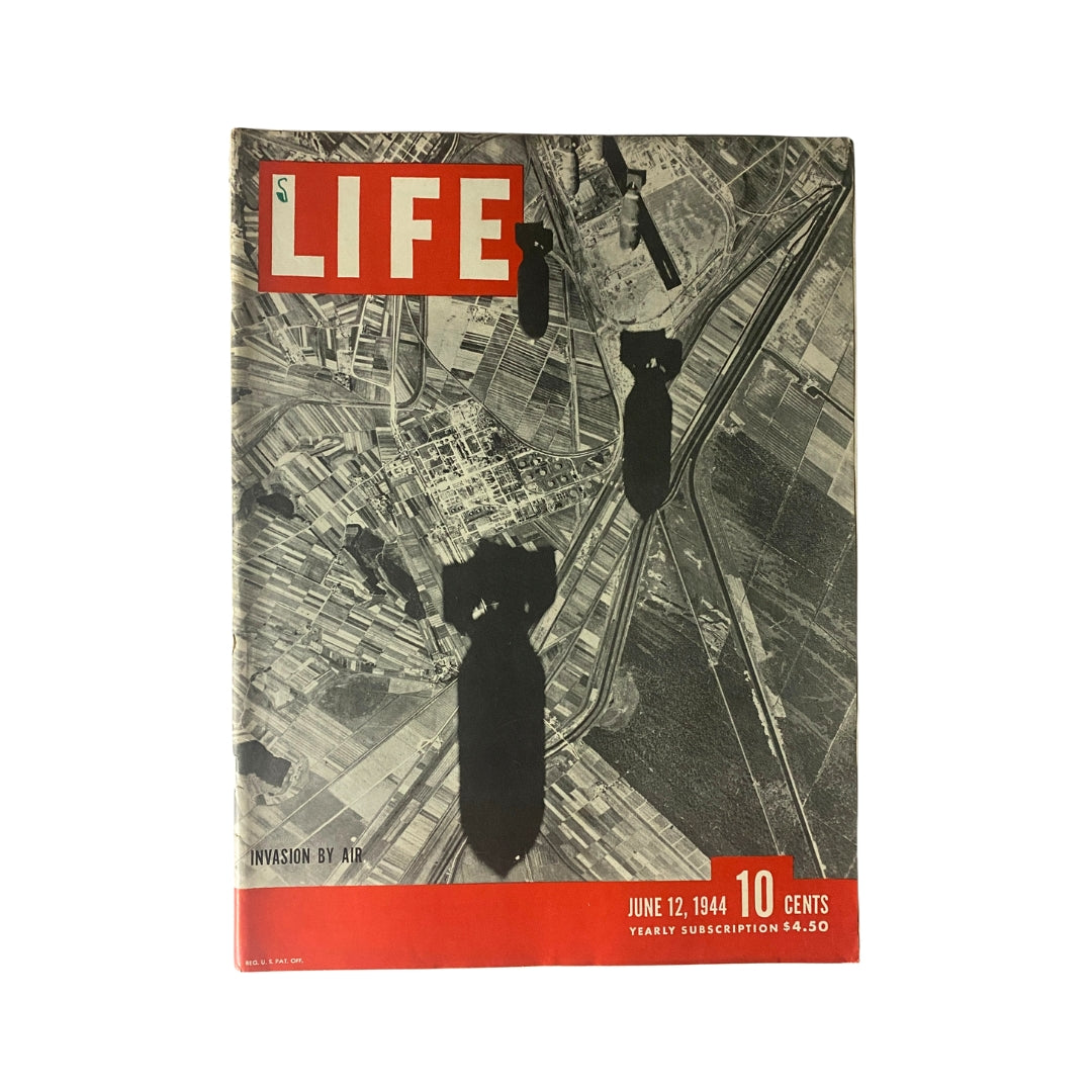 Vintage Life Magazine cover from June 12, 1944, titled 'Invasion by Air,' featuring a dramatic aerial view with bombs dropping above a landscape.