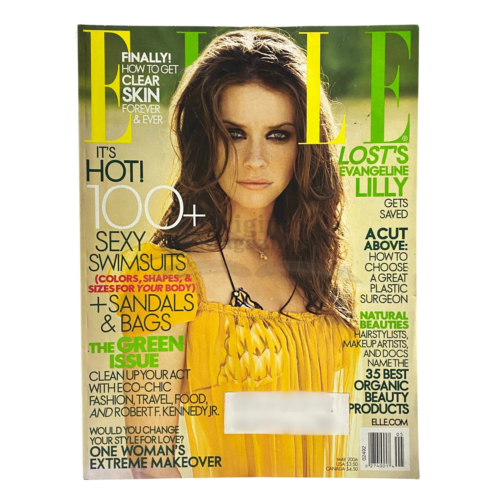 Elle Magazine May 2006 cover featuring Evangeline Lilly with the headline 'It's Hot! 100+ Sexy Swimsuits'. This vintage magazine showcases fashion trends and cultural insights from the mid-2000s.
