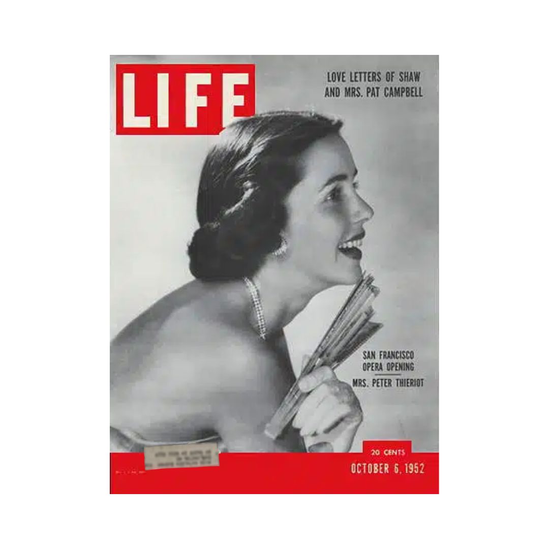 Cover of VTG Life Magazine from October 6, 1952 featuring Mrs. Peter Thieriot at the Opera Opening, showcasing mid-century culture and style.