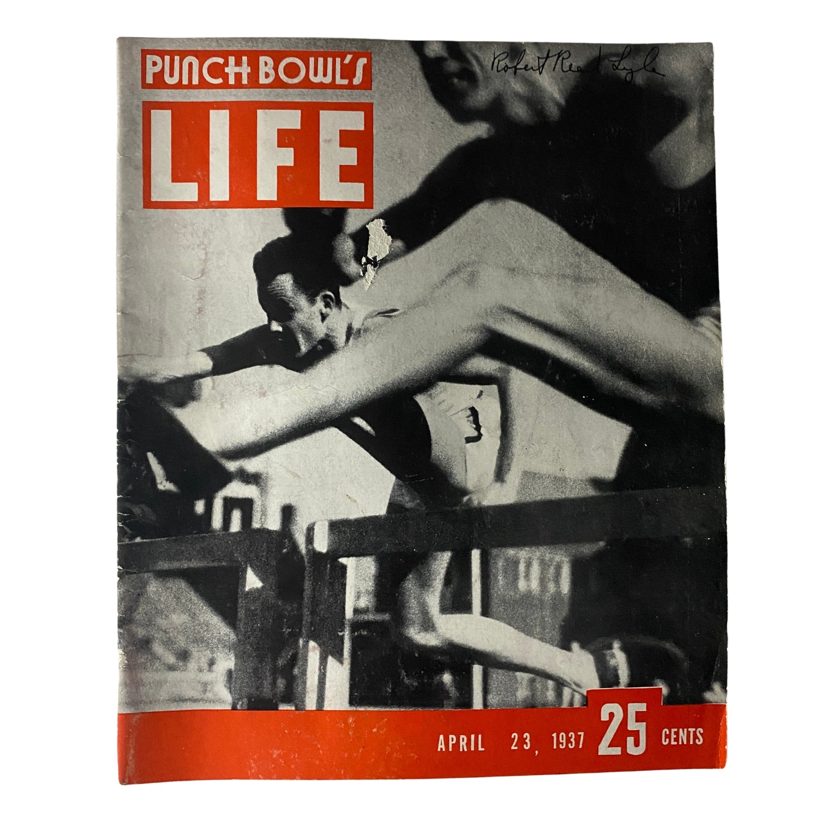 Cover of Life Magazine April 23, 1937 featuring the Pennsylvania Punch Bowl insert. This vintage magazine showcases a dynamic black and white image of athletes competing, highlighting the iconic style of the era.