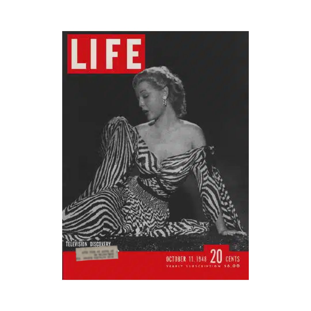 Vintage Life Magazine cover from October 11, 1948 featuring actress Rita Colton in a stylish zebra print dress, highlighting the era's fashion and culture.