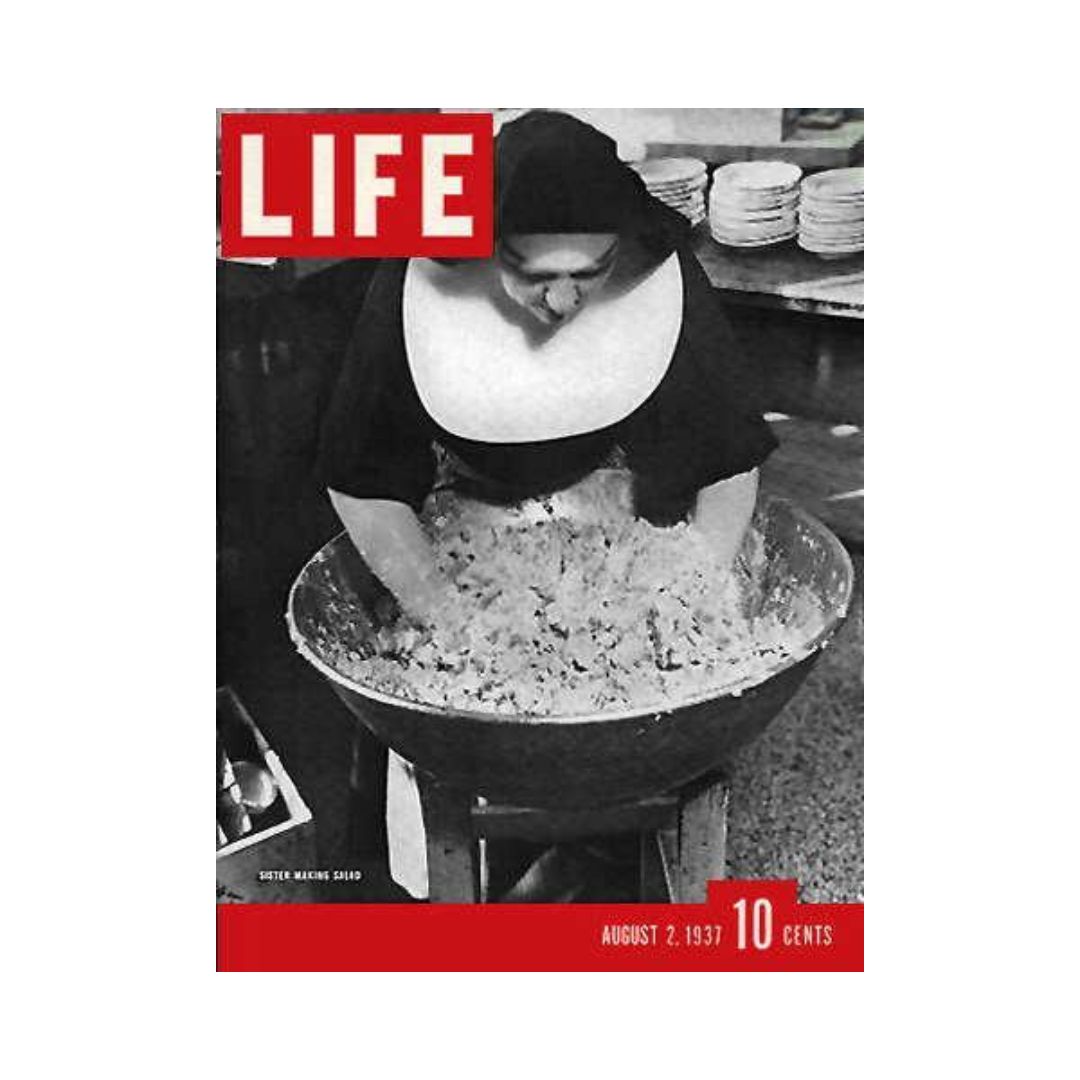 VTG Life Magazine Cover from August 2, 1937 featuring a Franciscan Nun making salad, highlighting cultural insights and historical events of the 1930s.