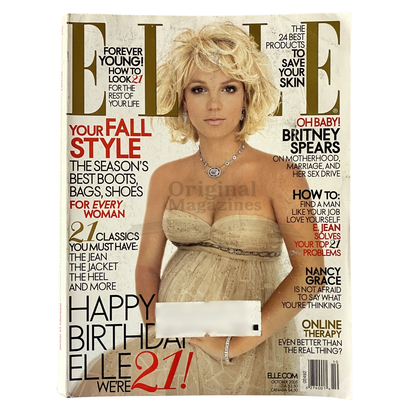 Elle Magazine October 2005 cover featuring Britney Spears, showcasing her in a glamorous pose, celebrating 21 years of Elle with a focus on fashion, beauty, and women's empowerment.