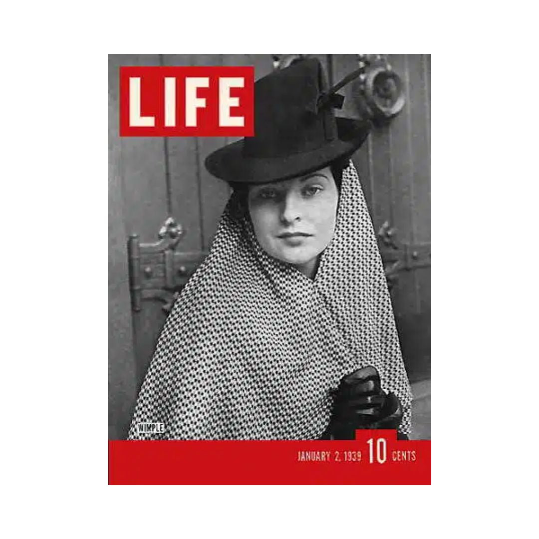 Cover of the VTG Life Magazine from January 2, 1939, featuring a woman in a fashionable wimple and hat, exemplifying 1930s fashion trends.