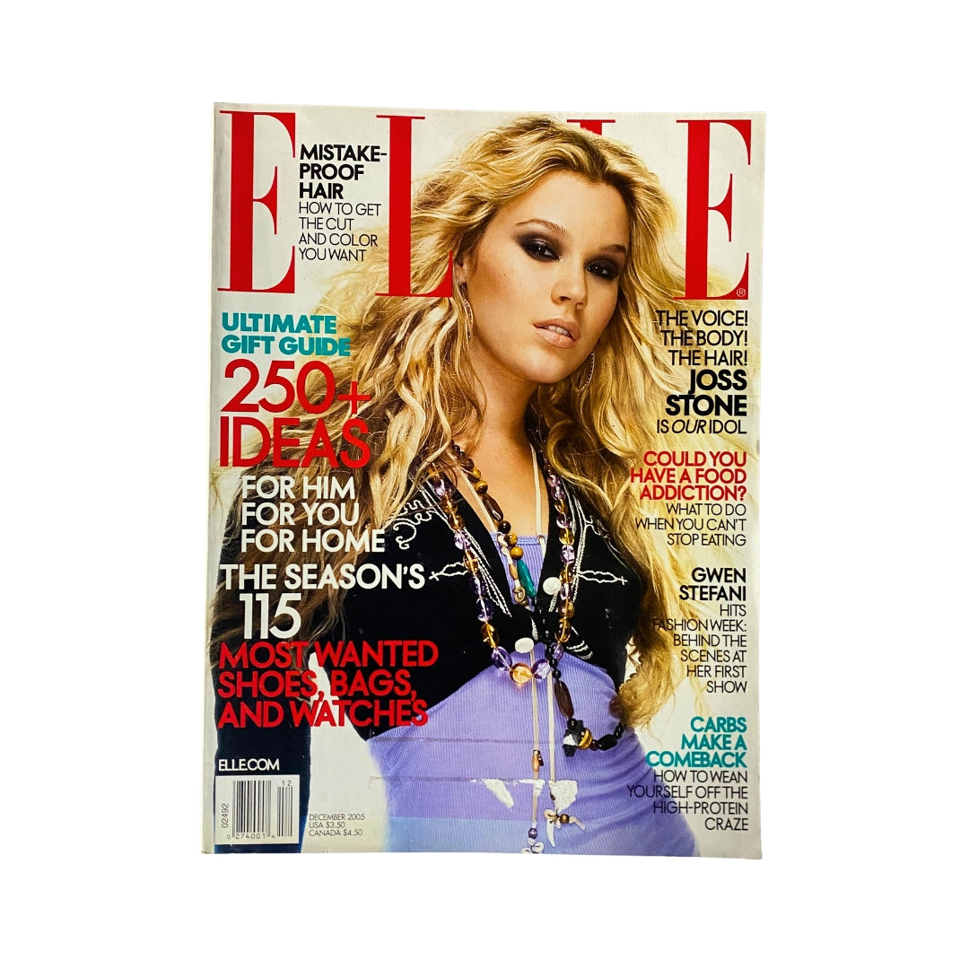 Elle Magazine December 2005 cover featuring Joss Stone, showcasing her as a fashion icon and highlighting seasonal trends with over 250 gift ideas, along with features on must-have shoes, bags, and watches.