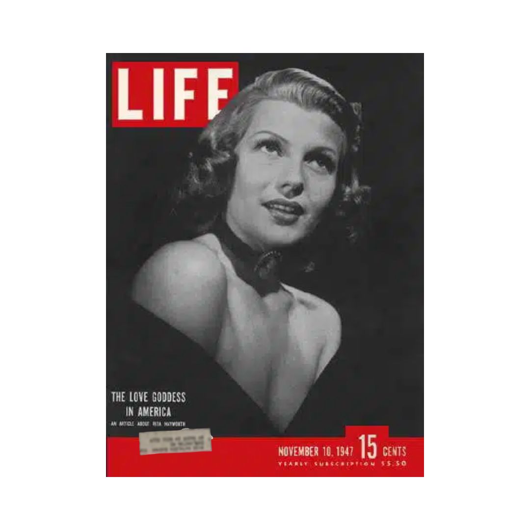 Cover of VTG Life Magazine dated November 10, 1947 featuring Rita Hayworth, the iconic actress and dancer, showcasing a classic Hollywood look.