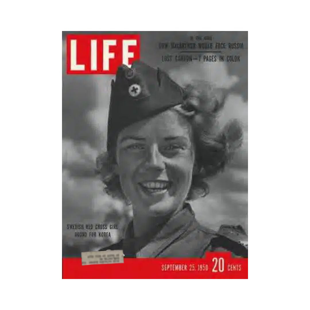 Cover of VTG Life Magazine from September 25, 1950, featuring the Swedish Red Cross Girl, showcasing a classic mid-20th century design and powerful imagery.