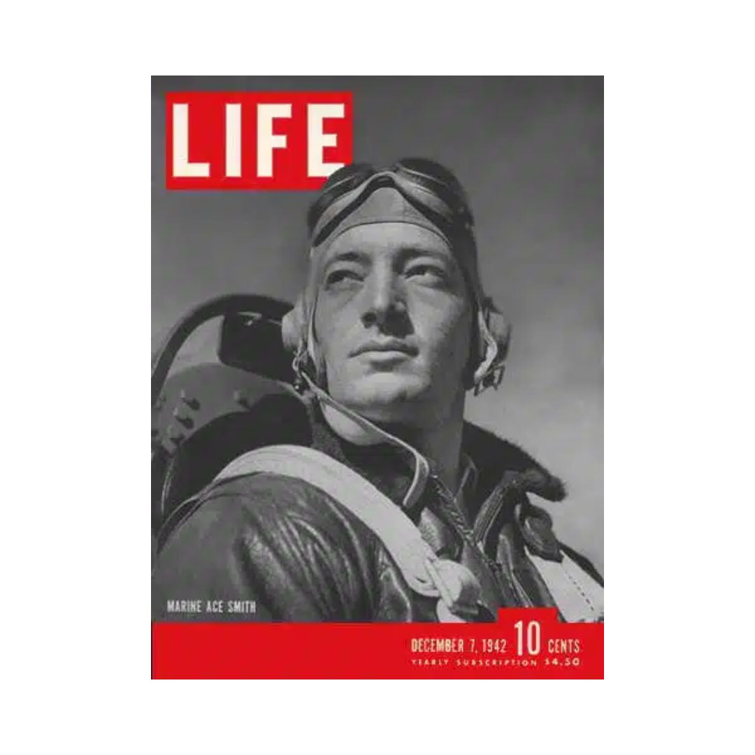 Cover of VTG Life Magazine December 7, 1942 featuring Marine Ace Smith. The cover displays a portrait of Smith in pilot gear, emblematic of World War II's aviation history.