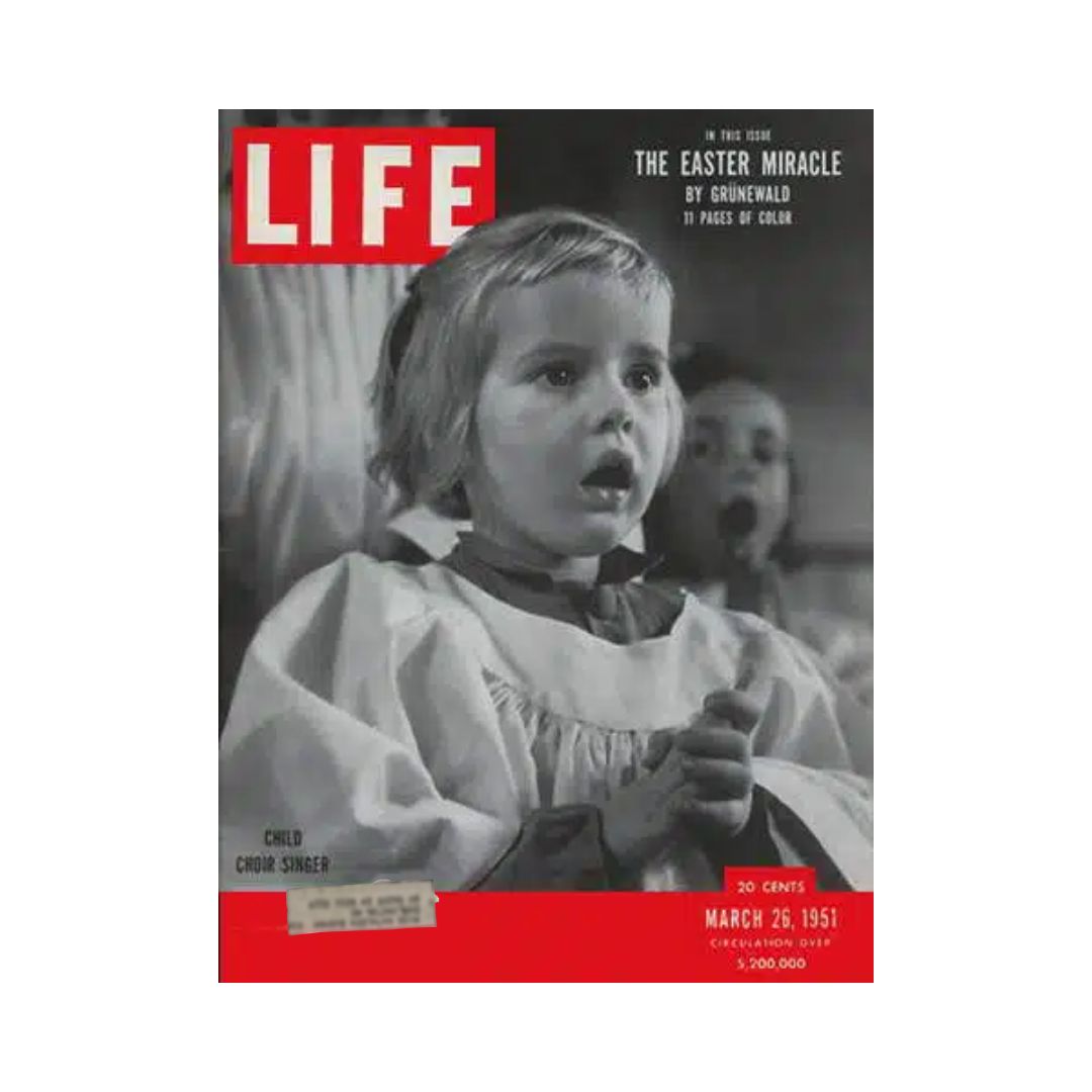 Cover of VTG Life Magazine March 26, 1951 featuring a child choir singer in a white robe, reflecting post-war American culture.