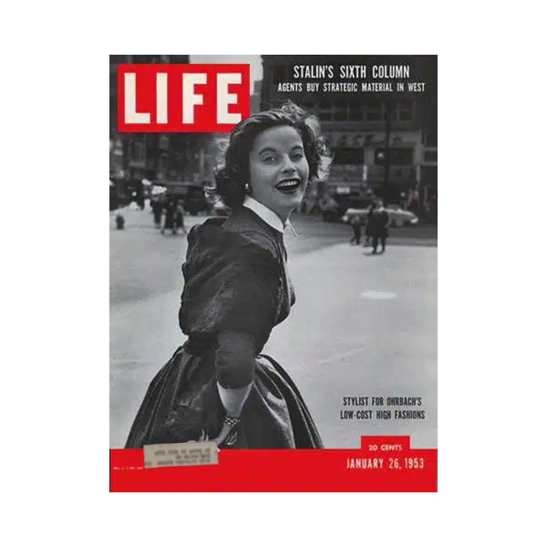 Cover of VTG Life Magazine from January 26, 1953, featuring a fashion stylist for Ohrbach in a vintage style photograph.