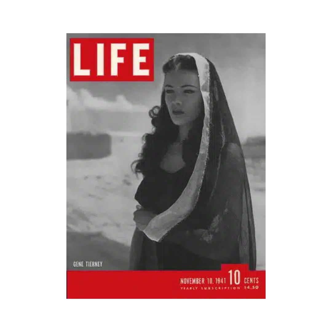 VTG Life Magazine cover from November 10, 1941 featuring actress Gene Tierney, highlighting her iconic style during the 1940s.