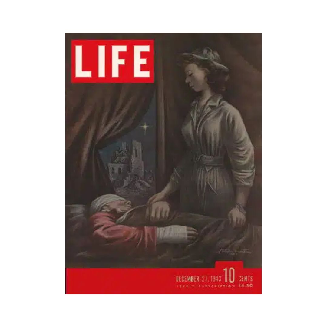 Vintage Life Magazine cover from December 27, 1943, featuring war art by Fletcher Martin, depicting a somber scene of a nurse tending to an injured soldier.