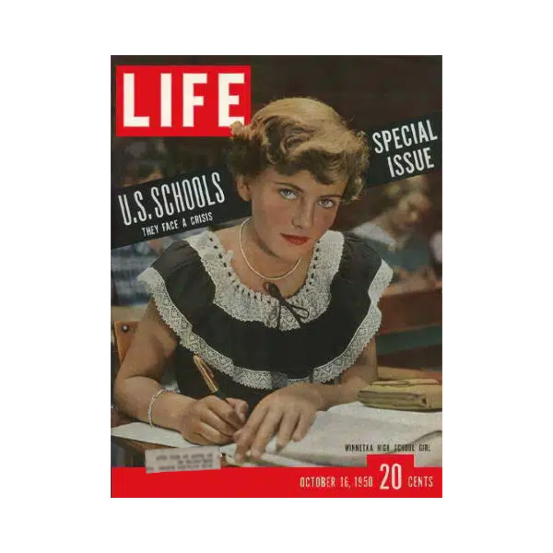 Cover of the VTG Life Magazine dated October 16, 1950, featuring a Winnetka High School girl under the headline 'U.S. Schools: They Face a Crisis'. The magazine showcases historical educational topics with a vintage aesthetic.
