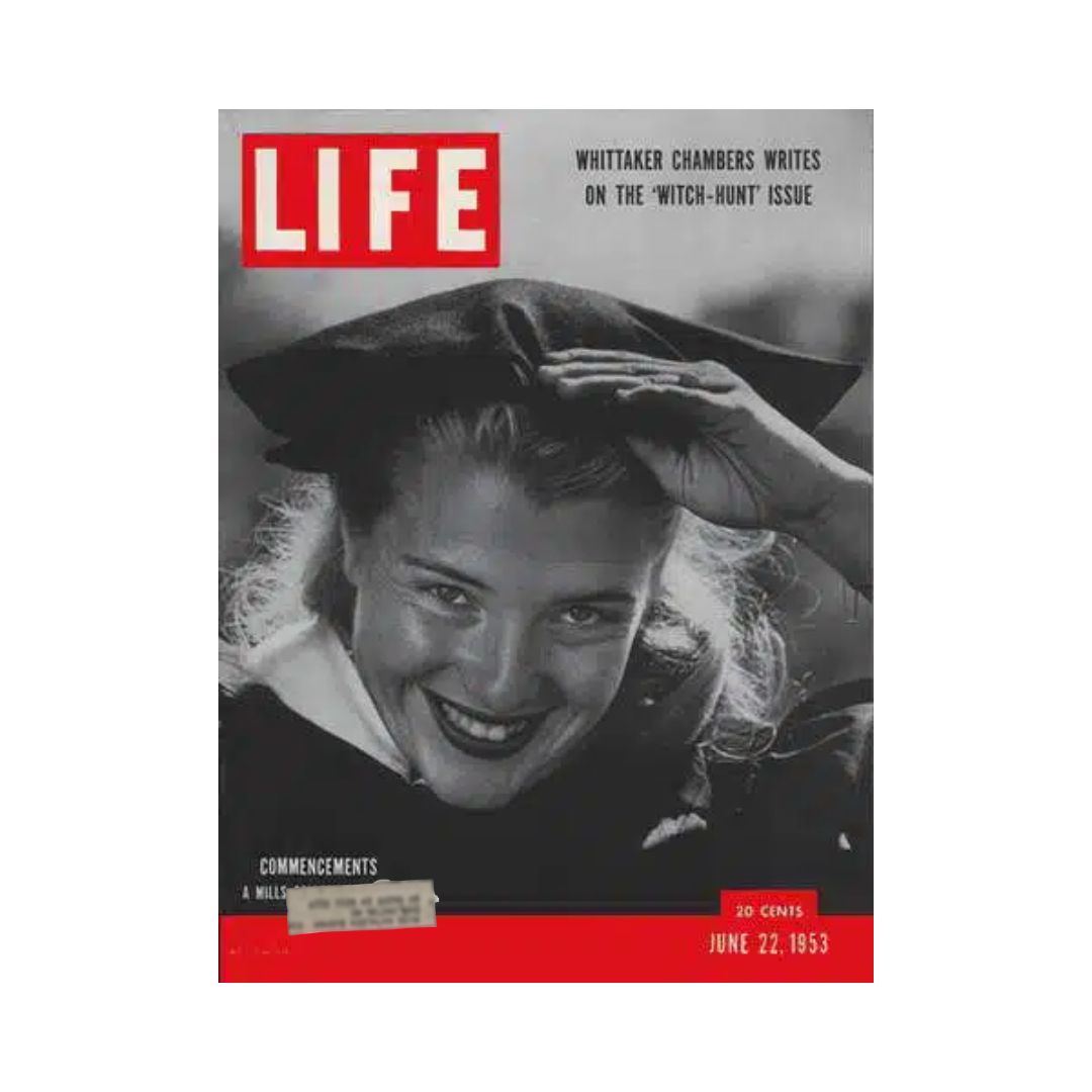 Vintage Life Magazine cover from June 22, 1953 featuring Mills College graduate Leslie Lebkicher, celebrating the commencement with a smiling graduate wearing a cap, iconic red and black layout.