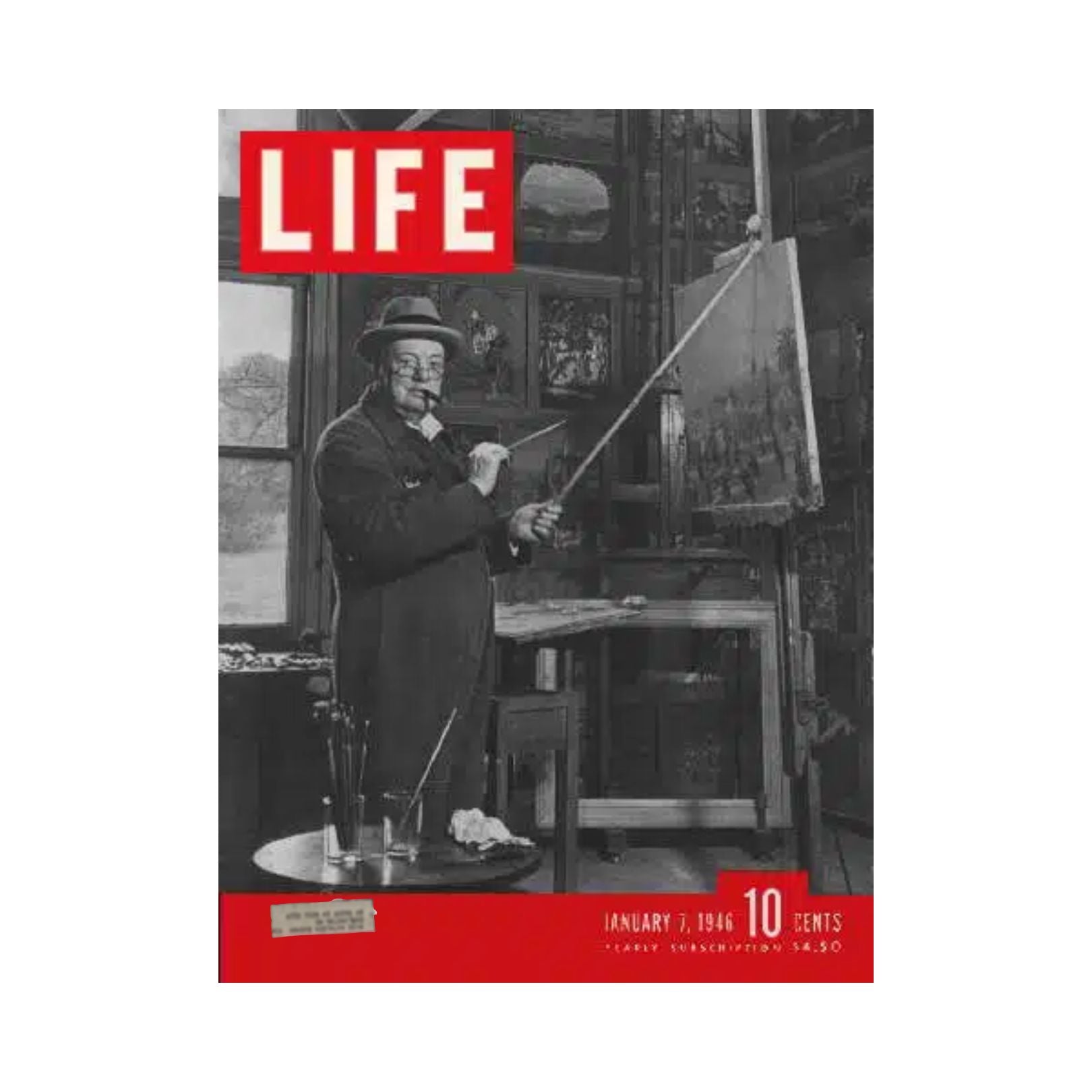 Cover of VTG Life Magazine from January 7, 1946 featuring an artist painting, showcasing the paintings of Winston Churchill.