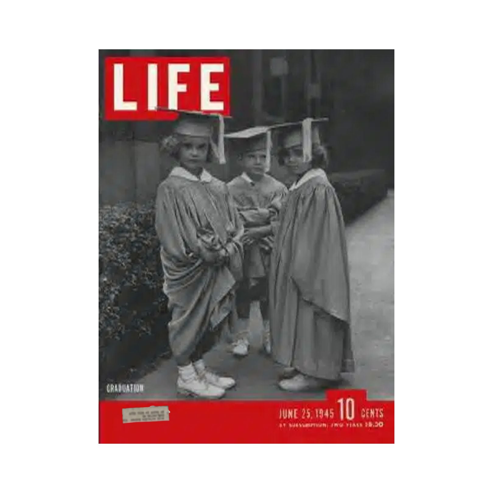 Cover of VTG Life Magazine from June 25, 1945, featuring children in graduation gowns for Kindergarten Graduation, capturing a nostalgic moment of innocence.