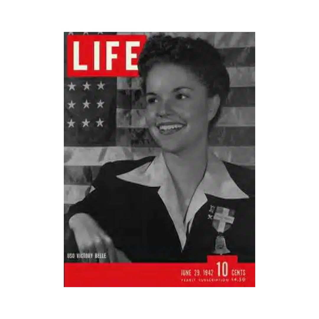 Cover of VTG Life Magazine June 29, 1942 featuring USO Victory Belle, Bunny Bekins, smiling in front of an American flag, illustrating the era's vintage charm.