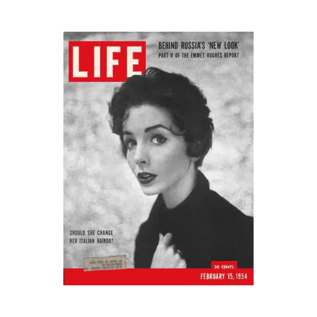 Cover of VTG Life Magazine February 15, 1954 featuring a woman with Italian hairstyle, showcasing fashion trends of the 1950s.