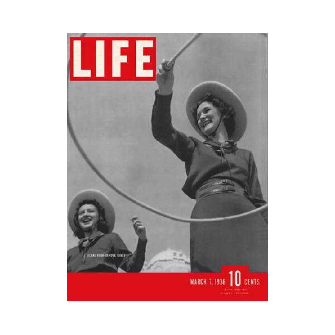 Cover of VTG Life Magazine from March 7, 1938 featuring Texas high school girls, showcasing historical American culture.
