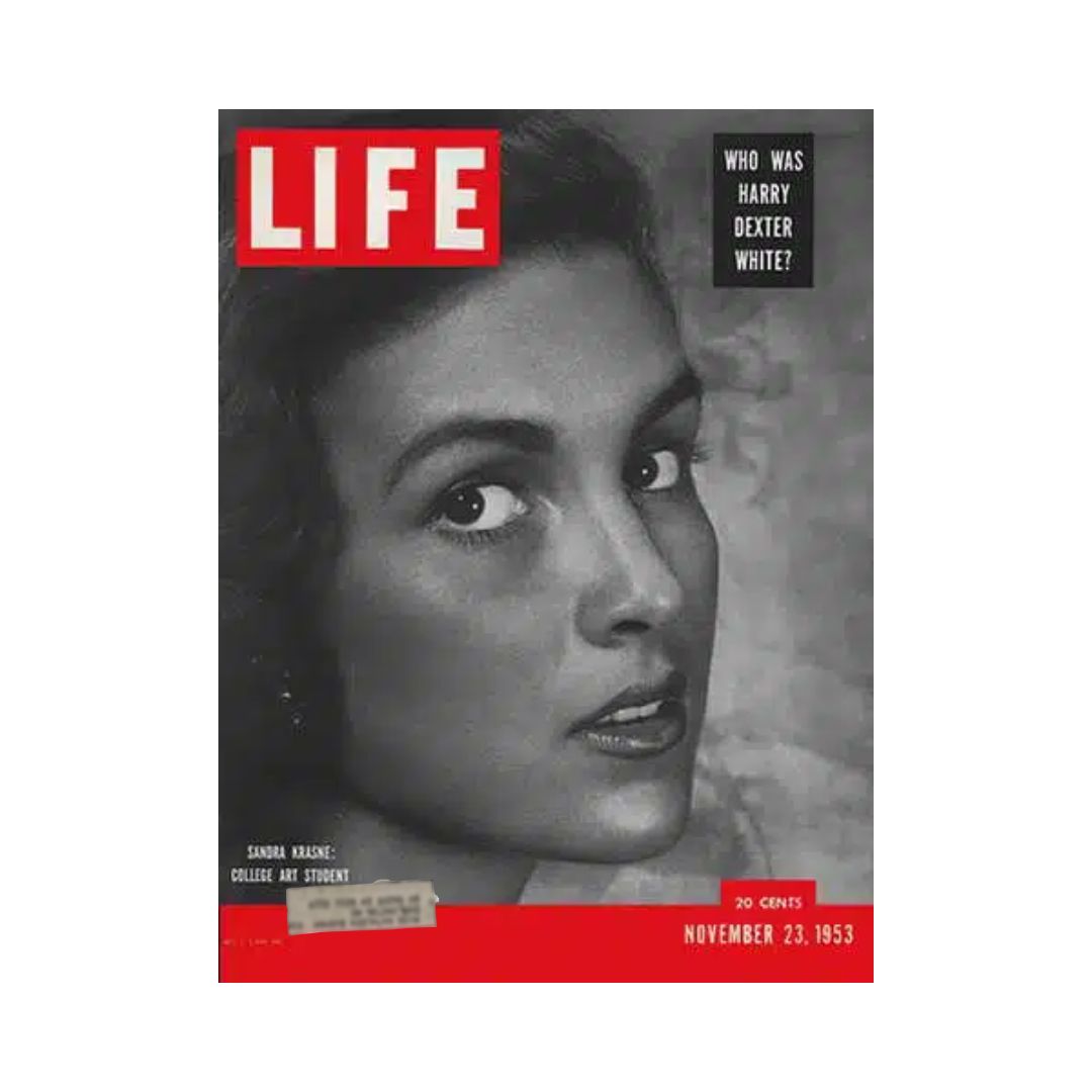 Cover of Life Magazine, November 23, 1953, featuring the title 'Sandra Krasne: College Art Student' and the question 'Who Was Harry Dexter White?'. This vintage magazine reflects early 1950s culture and art.