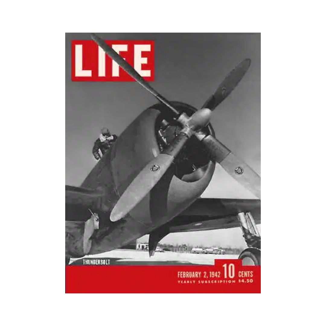 Cover of VTG Life Magazine from February 2, 1942 featuring the P-47 Thunderbolt, showcasing U.S. warplanes with a dramatic black and white image.