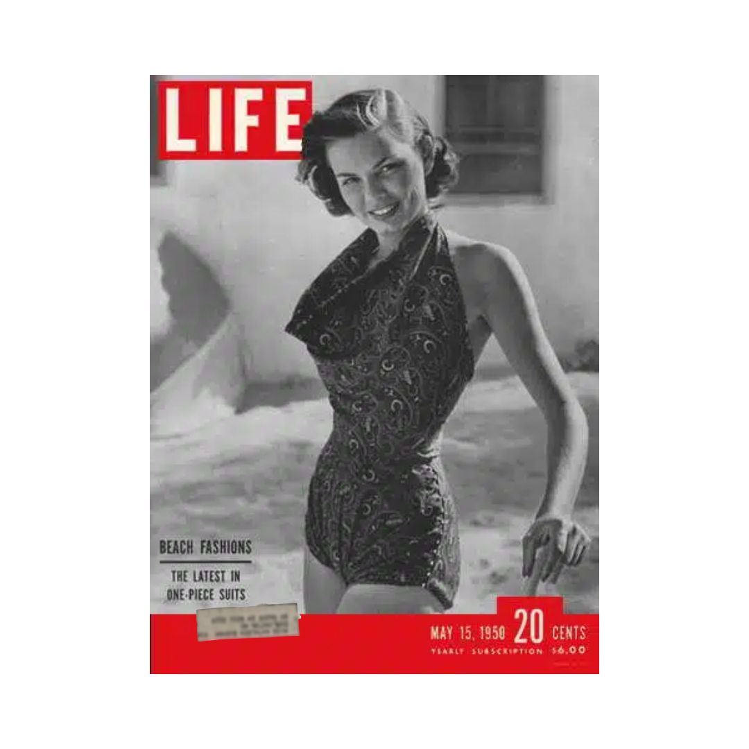 Vintage Life Magazine May 15, 1950 featuring a model showcasing the latest in one-piece beach fashion swimsuits, illustrating mid-century style prominent in the era.