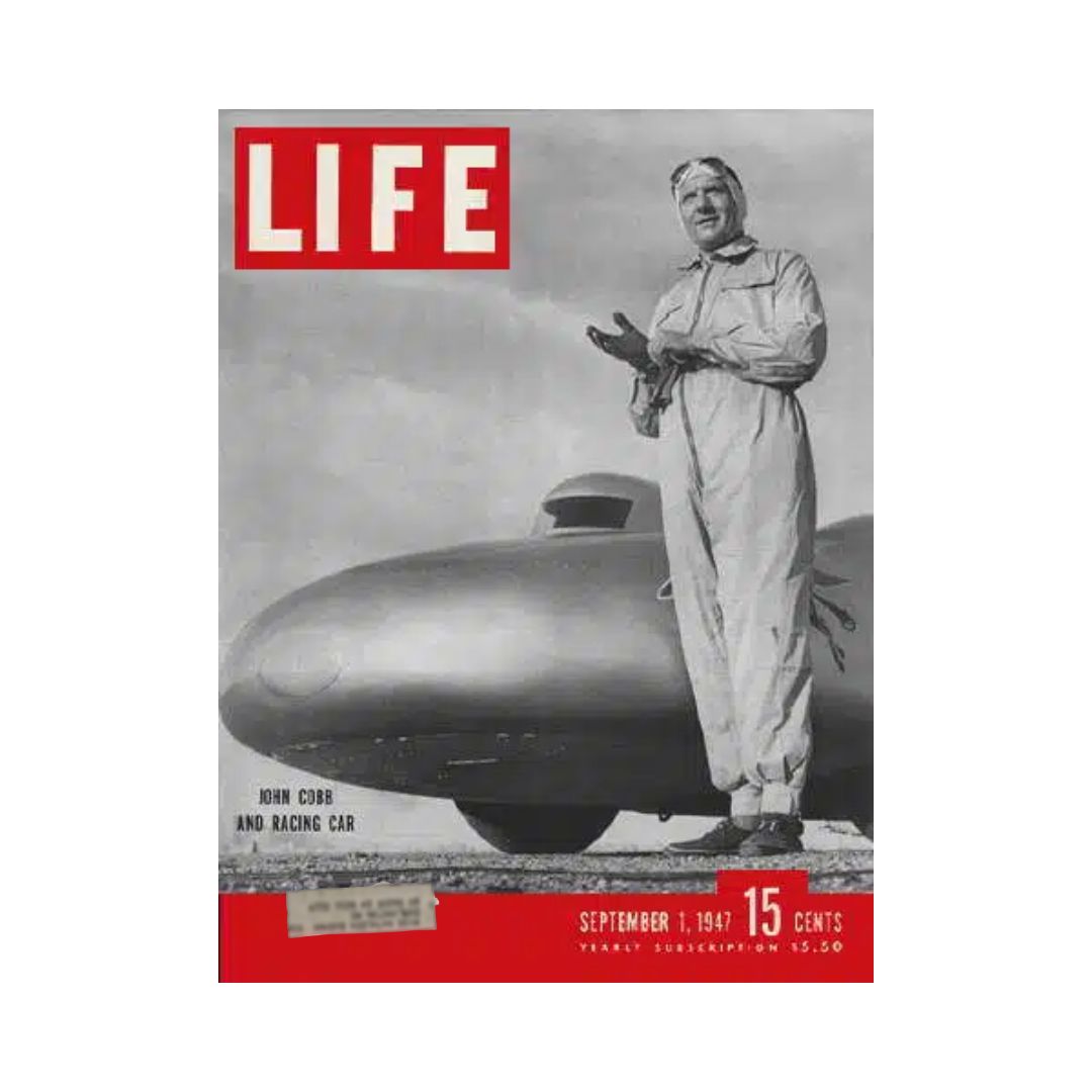 Cover of VTG Life Magazine from September 1, 1947 featuring John Cobb and his iconic racing car, showcasing vintage sports history and automotive design.