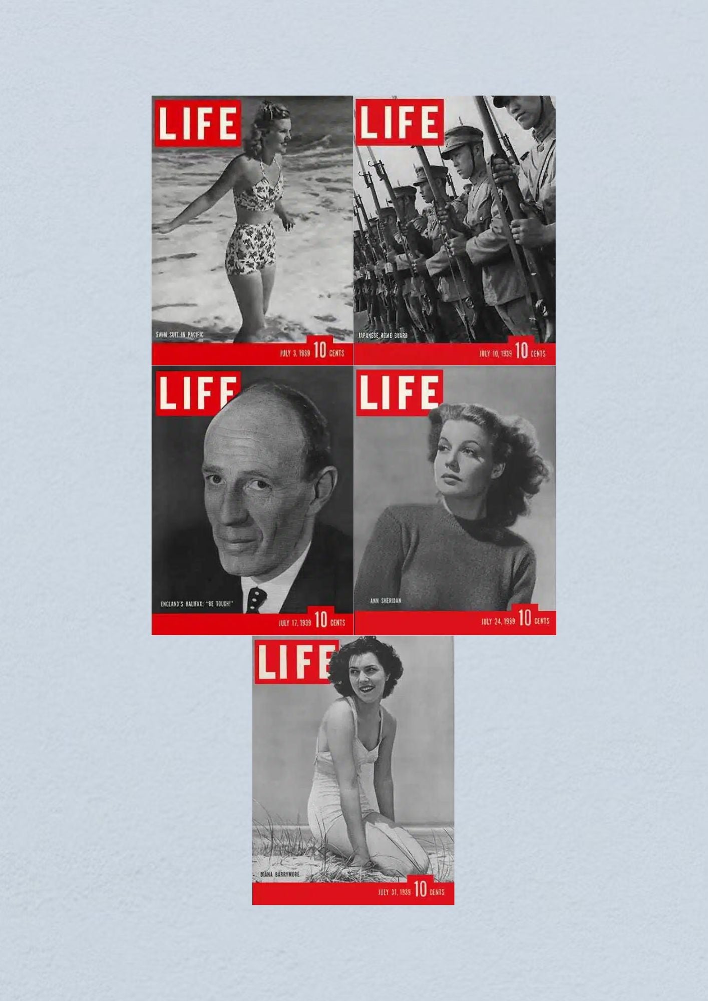 Life Magazine Lot of 5 Full Month of July 1939 featuring the July 3 issue showing a woman in a swimsuit, July 10 issue depicting Japanese soldiers, July 17 issue with Lord Halifax, July 24 issue featuring actress Ann Sheridan, and July 31 issue with a beach scene.