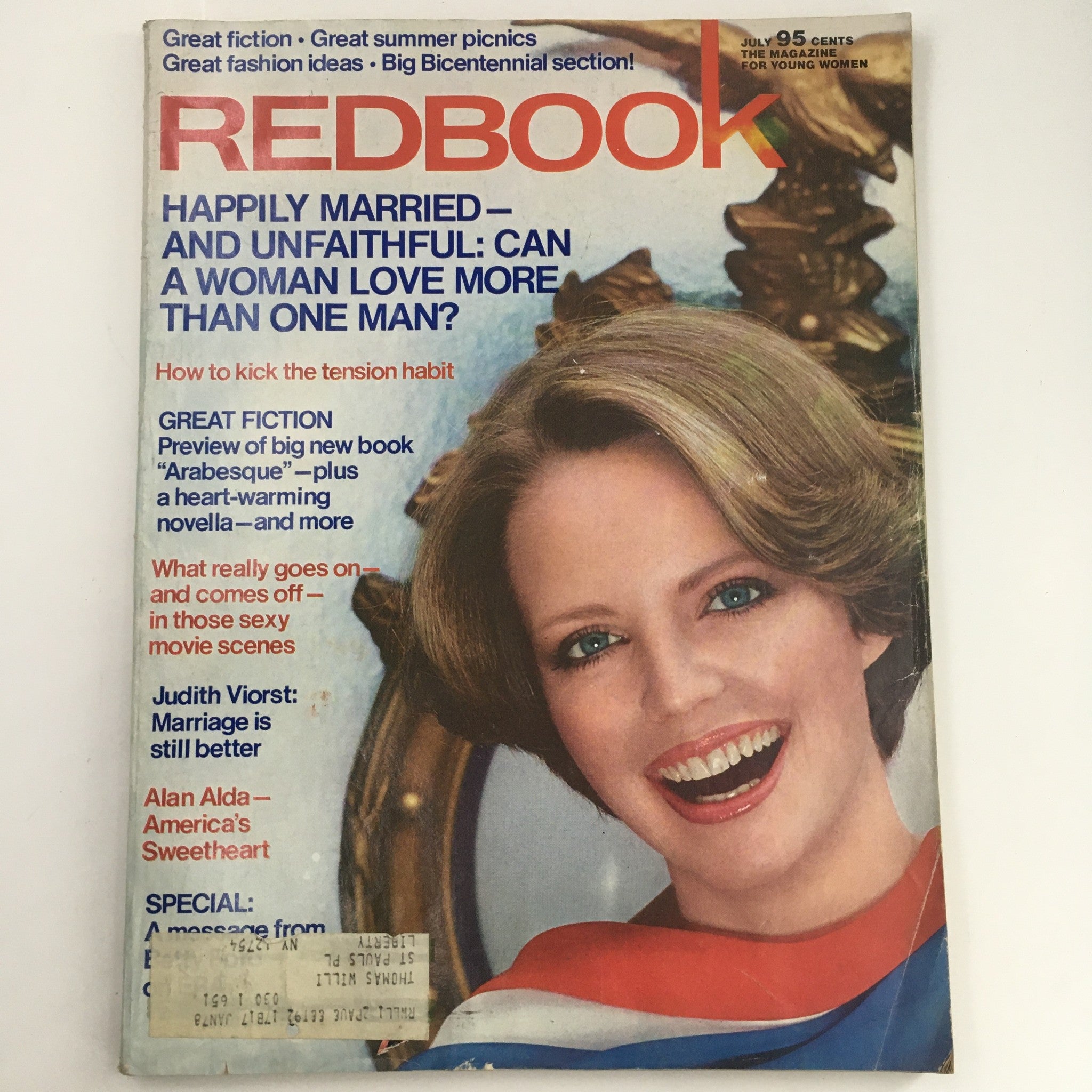 Cover of Redbook Magazine July 1976 featuring Judith Viorst discussing marriage and Alan Alda as America's sweetheart. The magazine highlights articles on love, fiction, and summer ideas.