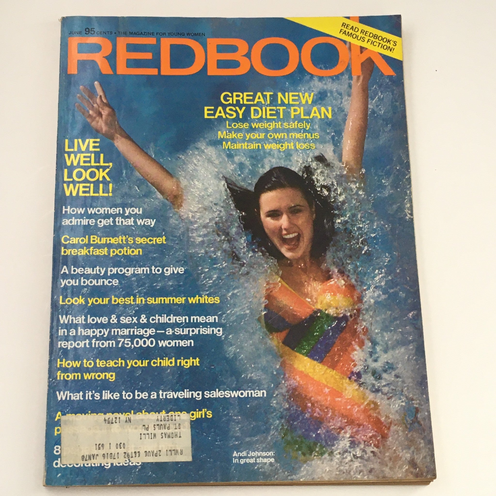 Redbook Magazine June 1976 cover featuring Andi Johnson in a vibrant swimsuit enjoying a splash of water, promoting fitness and wellness alongside articles such as Carol Burnett's secret breakfast potion.