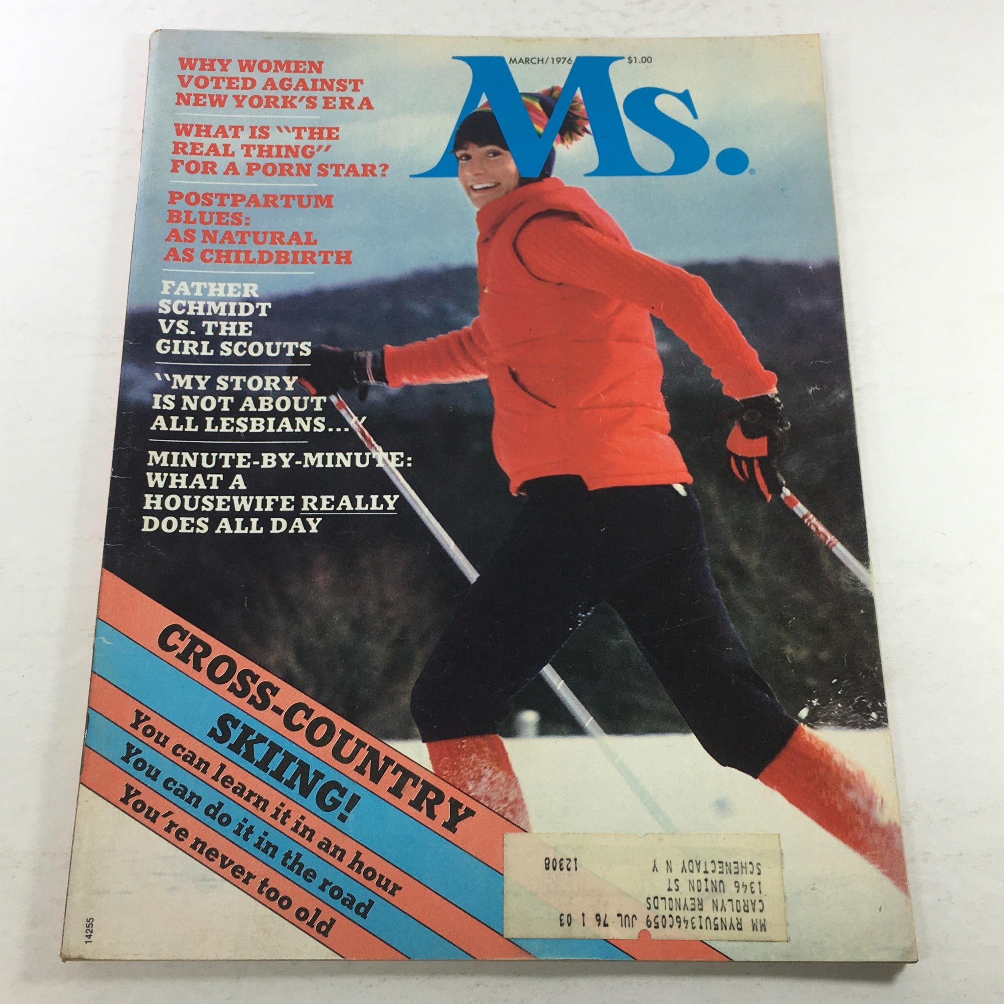 Front cover of the VTG MS. Magazine: March 1976 featuring a woman in cross-country skiing gear in a winter landscape, showcasing articles on feminism, Father Schmidt and the Girl Scouts.