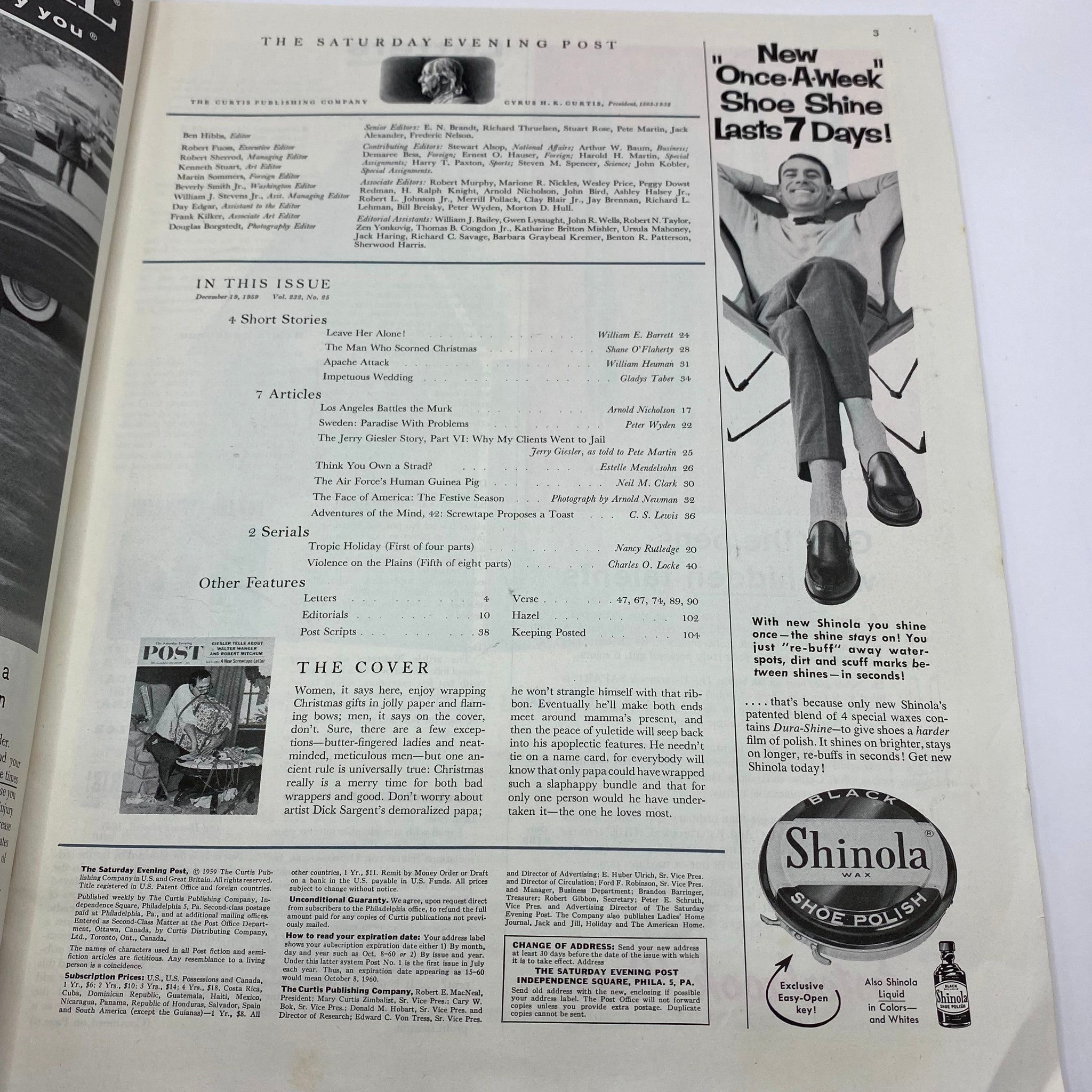 Inside page of Saturday Evening Post Magazine December 19, 1959, listing article titles and features, including short stories and advertisements.