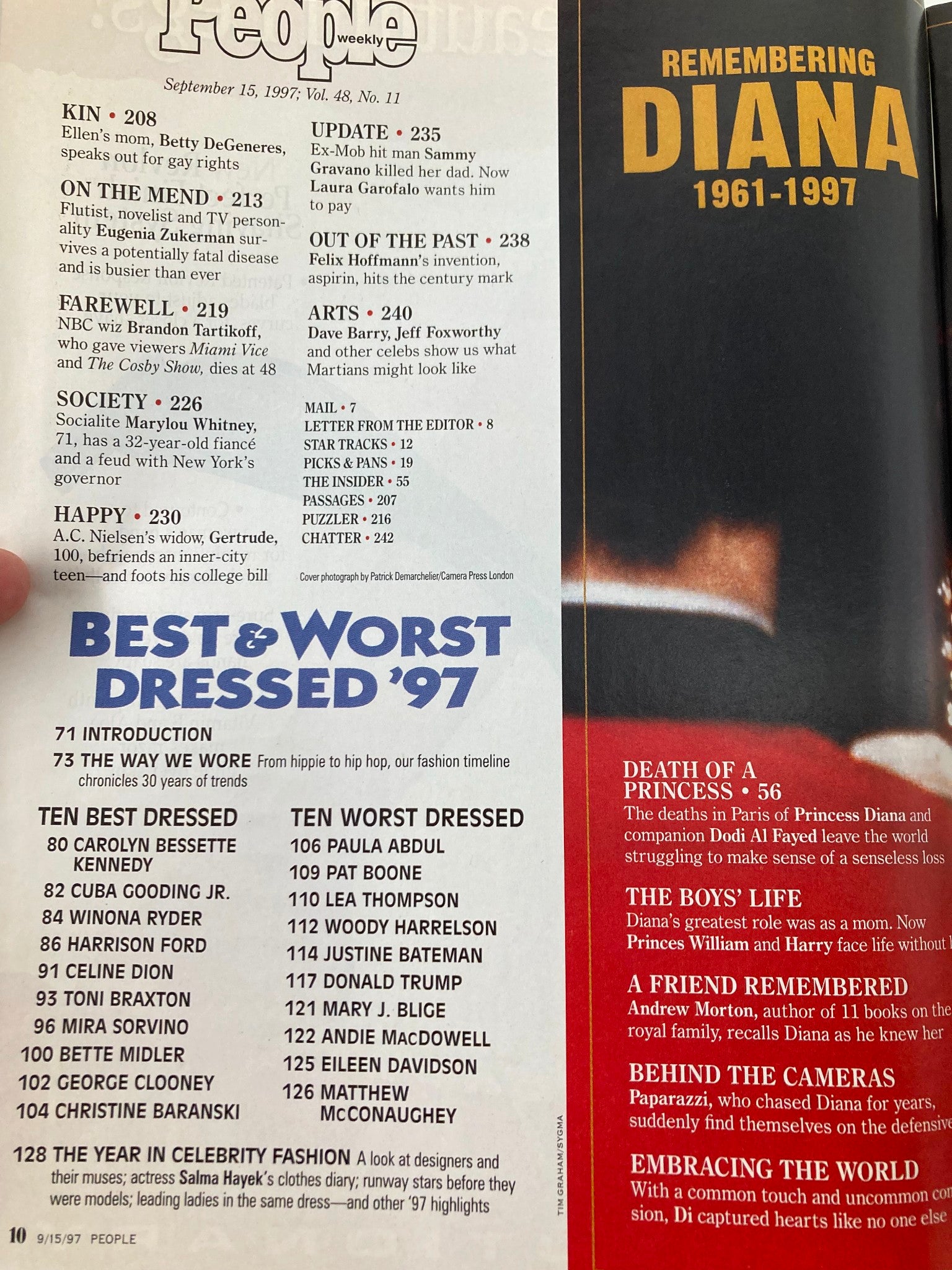 Interior page of People Weekly Magazine dated September 15, 1997, listing various articles including a section titled 'Remembering Diana' in tribute to Princess Diana of Wales.