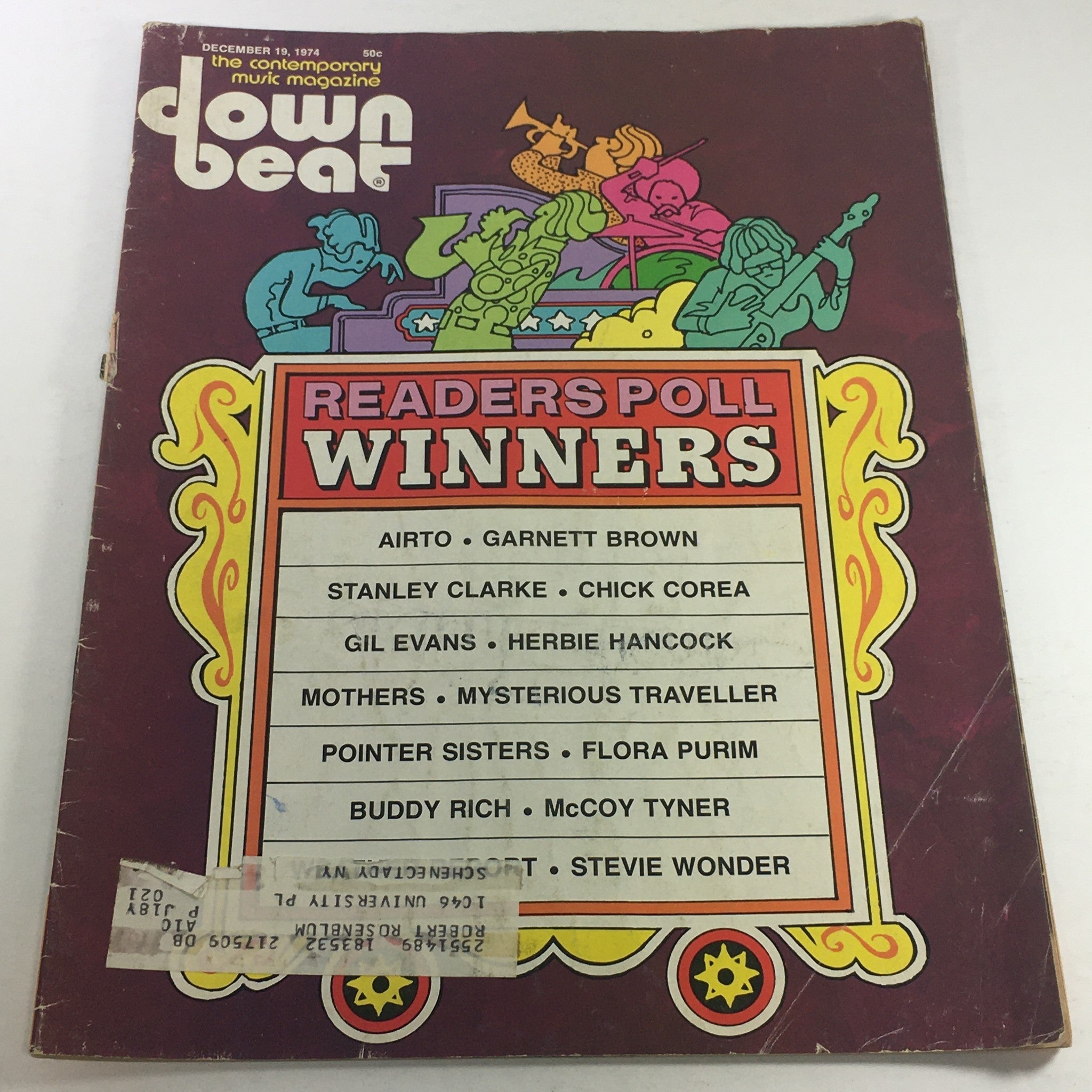 Cover of VTG Down Beat Magazine: December 19, 1974 featuring the title 'Readers Poll Winners' with names of prominent musicians like Airto, Garnett Brown, and others. This collectible magazine highlights important figures in jazz and experimental music.