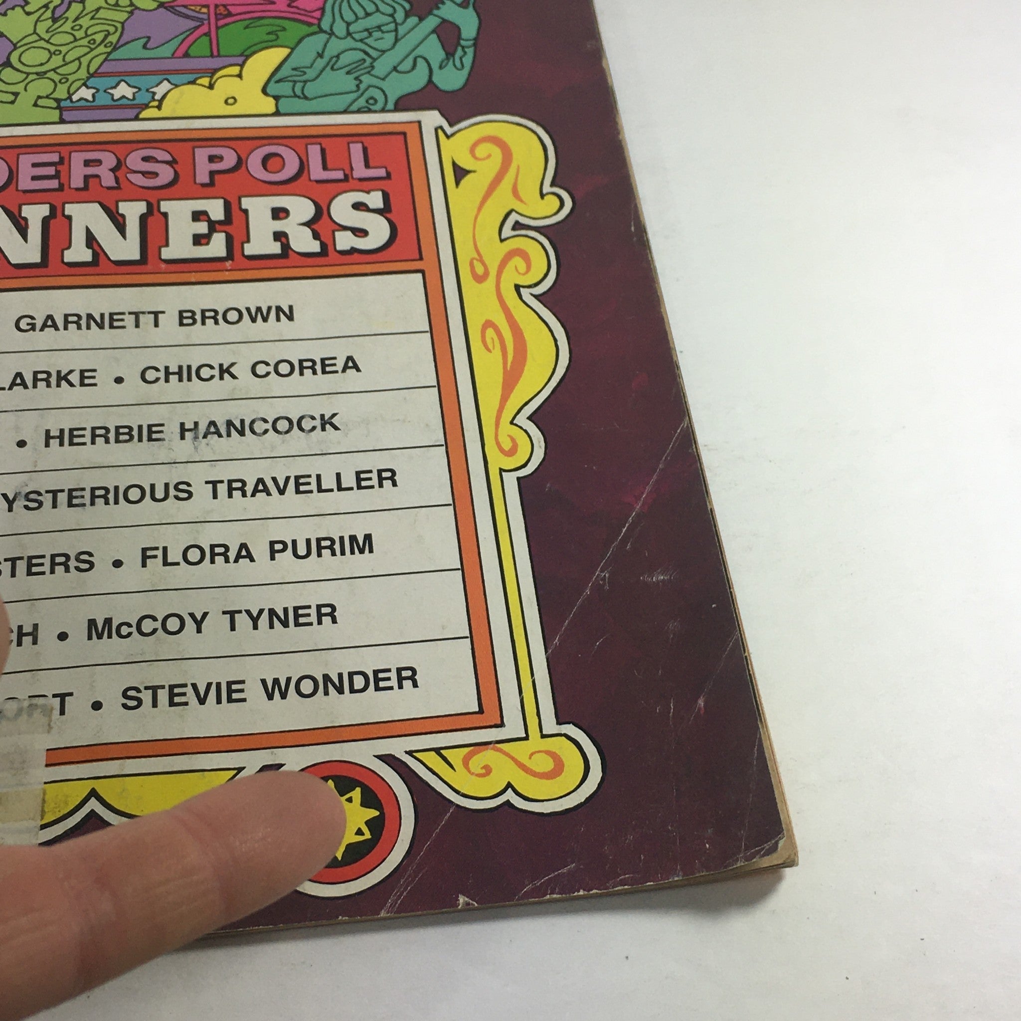 Close-up of the 'Readers Poll Winners' section from VTG Down Beat Magazine: December 19, 1974, listing celebrated artists such as Chick Corea, Herbie Hancock, and Stevie Wonder, showcasing the magazine's focus on influential musicians of the era.