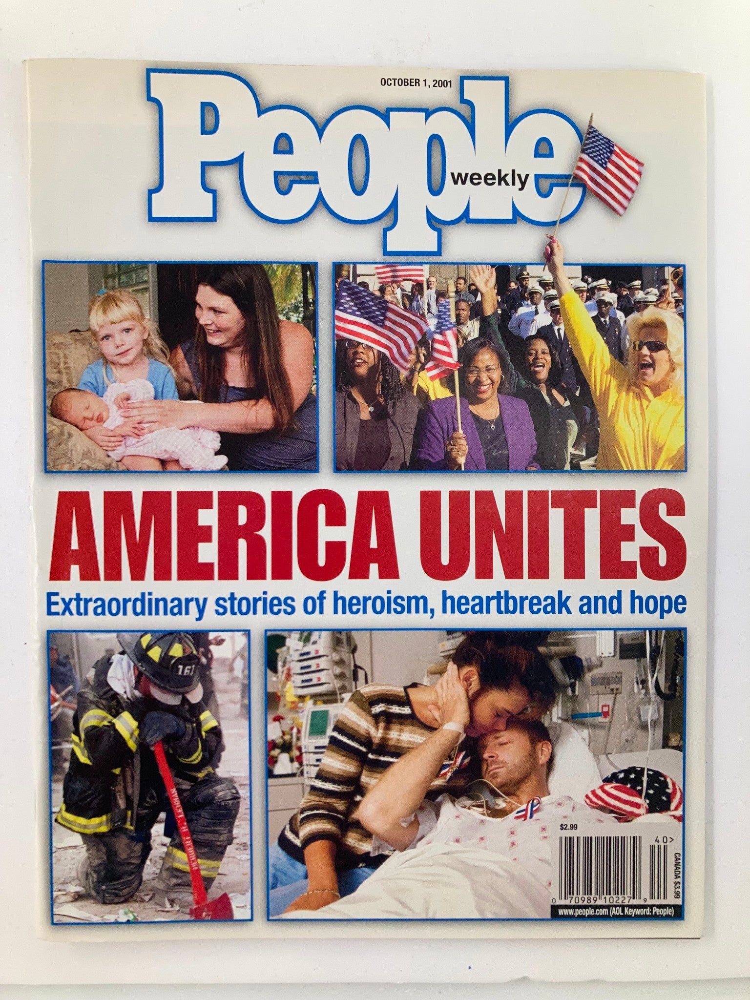 People Weekly Magazine October 1 2001 cover featuring the headline 'America Unites' with images illustrating themes of heroism, heartbreak, and hope.