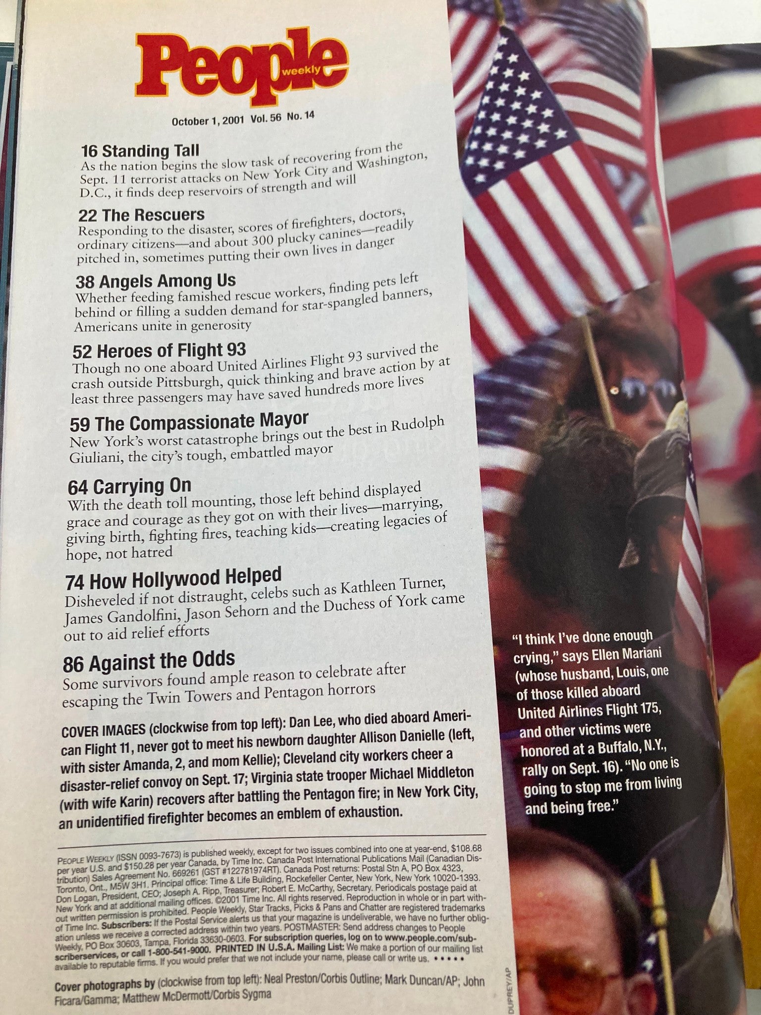 Cover image of People Weekly Magazine October 1, 2001, featuring themes of American unity with flags and stories of resilience after September 11.