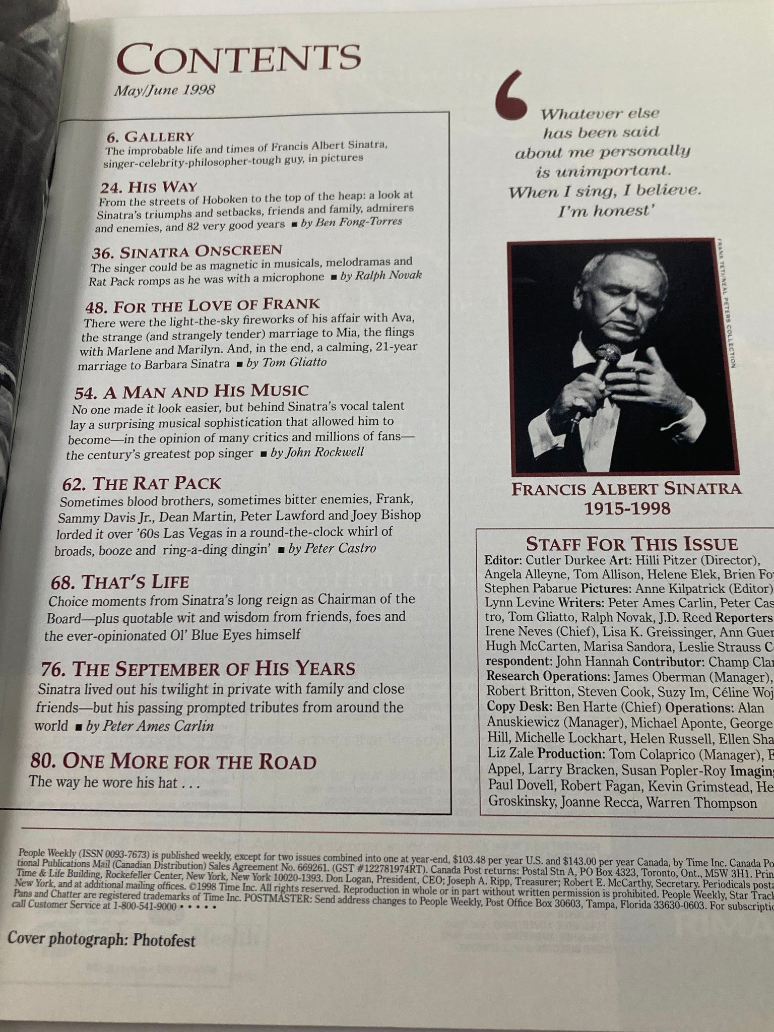 Contents page of People Weekly Magazine May 1998, showcasing the articles focused on Frank Sinatra, including sections on his life, music career, and legacy, emphasizing his impact and memorable moments.
