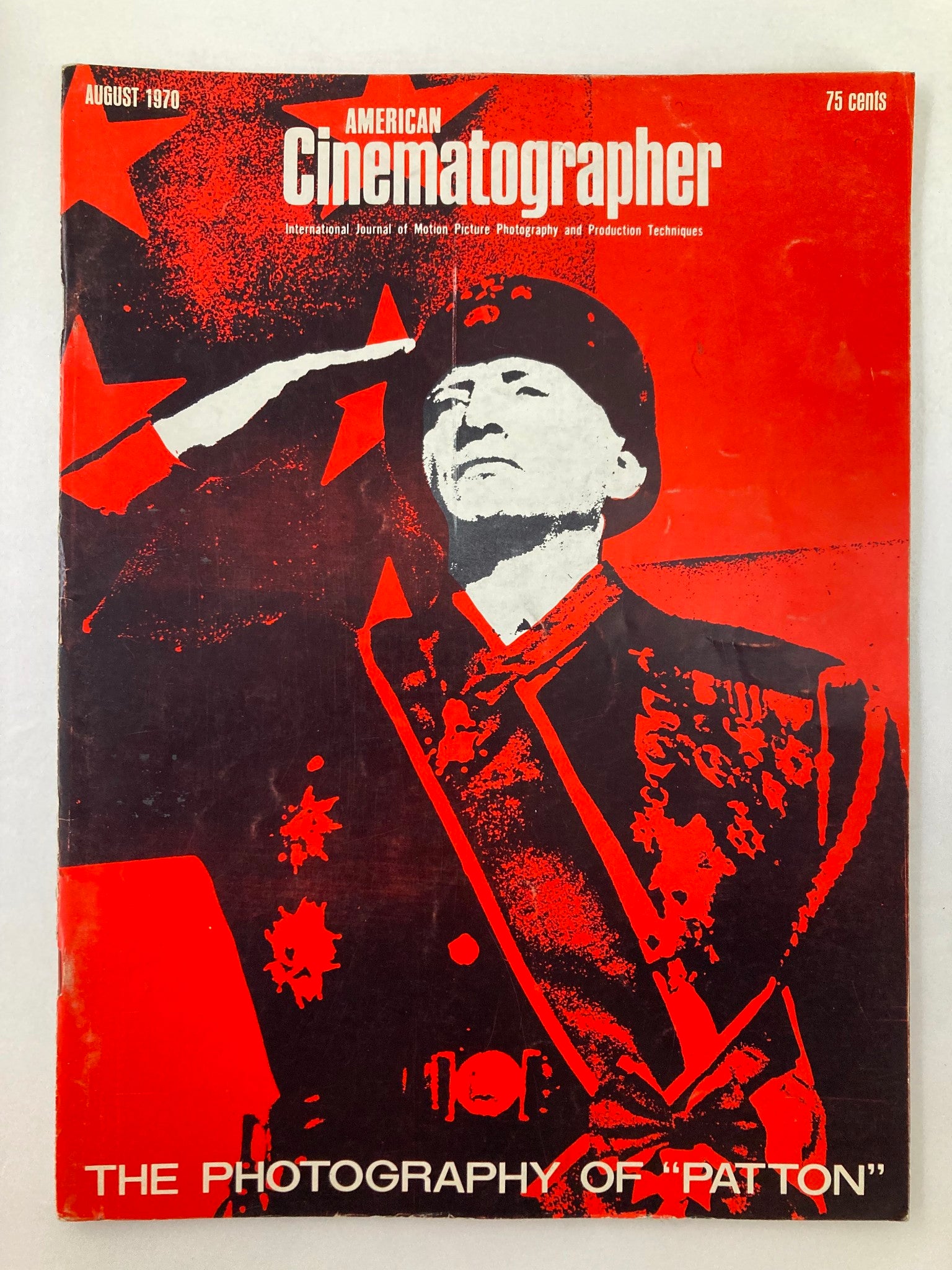 Cover of American Cinematographer Magazine August 1970 featuring George C. Scott and the title 'The Photography of Patton', highlighting classic cinema.