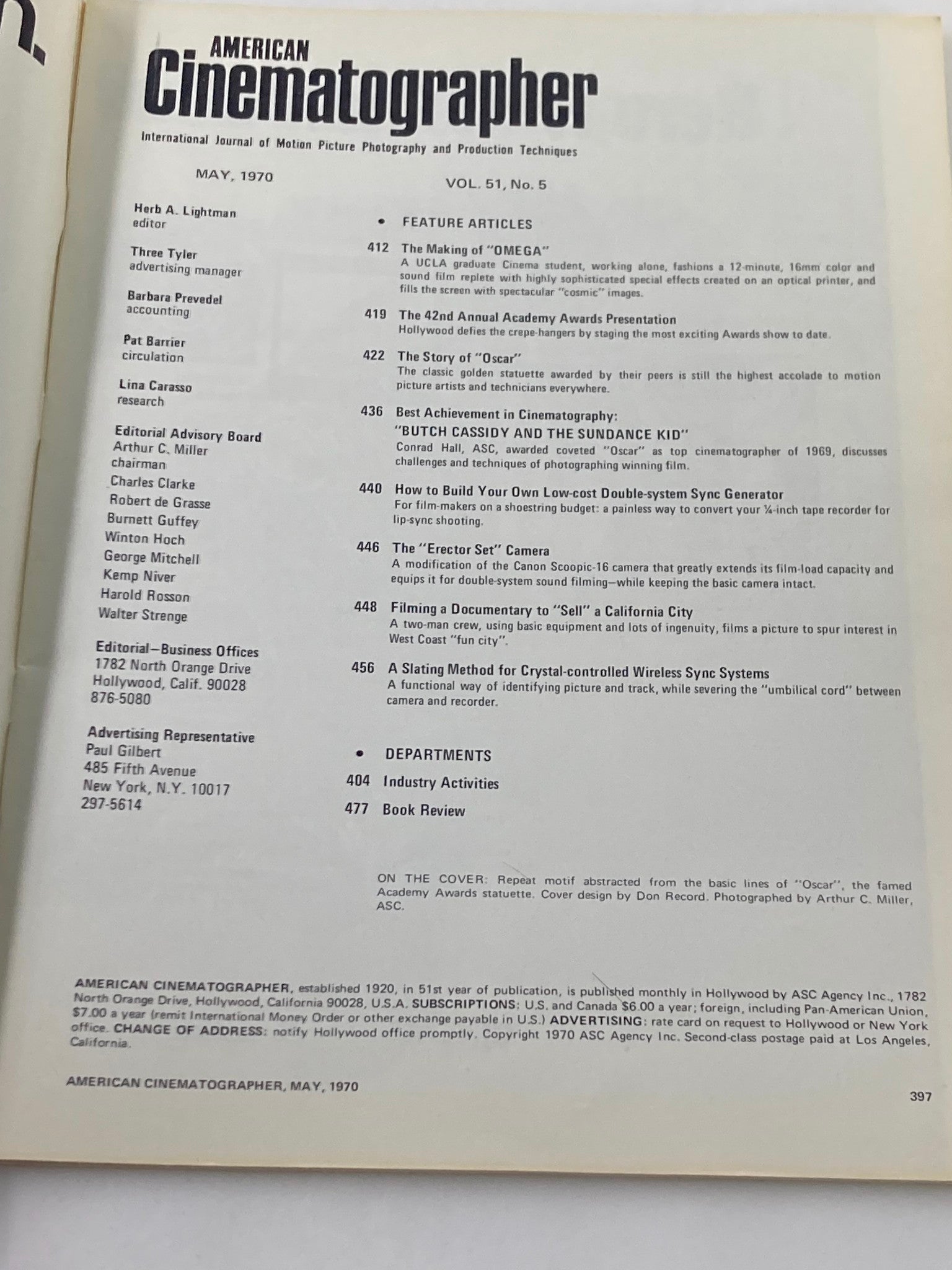 Inside page of American Cinematographer Magazine May 1970 showing the table of contents and feature articles including coverage of the 42nd Annual Academy Awards.